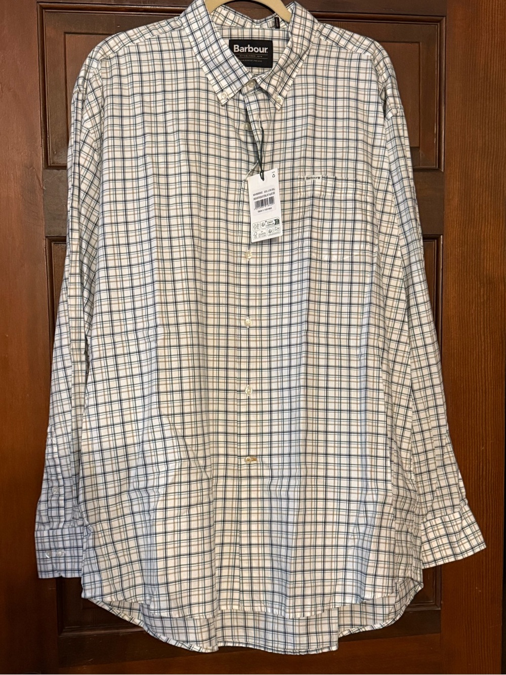 Barbour White Green and Tan Plaid Button-Down Shirt
